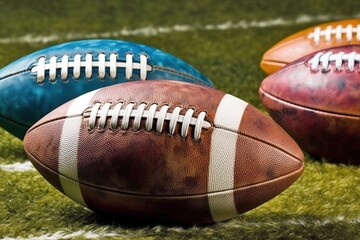 American Footballs Resting on Field Line, Awaiting Game Action, Generative AI