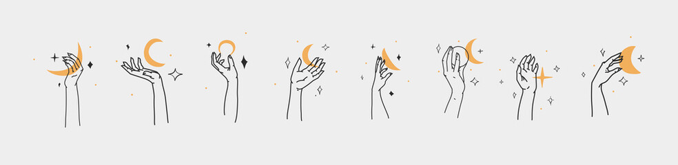 Hand drawn vector abstract outline,graphic,line set magic human hand with moon and star logo in minimalistic modern style.Moon and star sign outline design concept.Outline astrology line art isolated.