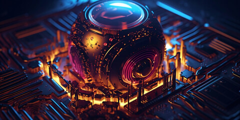 Fototapeta na wymiar science fiction supercomputer design, futuristic high-tech cpu, colorful abstract circuit board design, generative ai