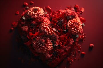 Flower heart on red made with tech. Generative AI