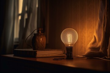 A table lamp with a light bulb and a cord placed next to a lampshade. Generative AI