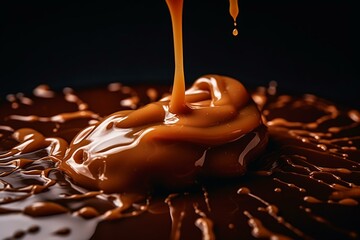 Close-up view of runny caramel sauce on a plain backdrop. Generative AI