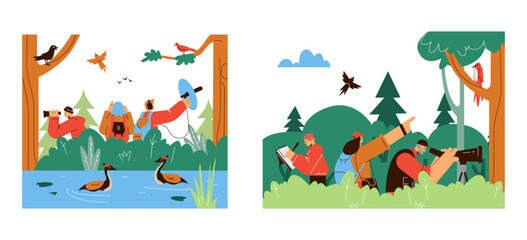 People watching birds in the forest, set of landscapes - flat vector illustration.