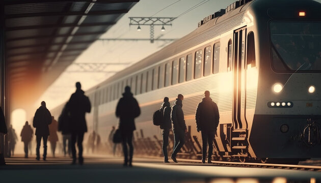 Commuters take the train at a railway station, generative ai