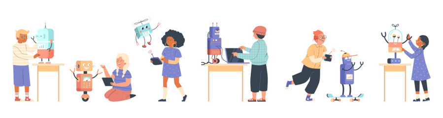 Kids building and programming smart robots, cartoon flat vector illustration isolated on white background.