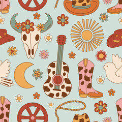 seamless pattern with guitar, cow skull, boot, cowboy hat - 598618502