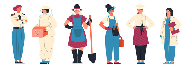 Female occupations and professions flat cartoon vector illustration isolated.