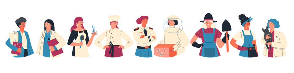 Set of women of different jobs and professions, flat vector illustration isolated on white background.