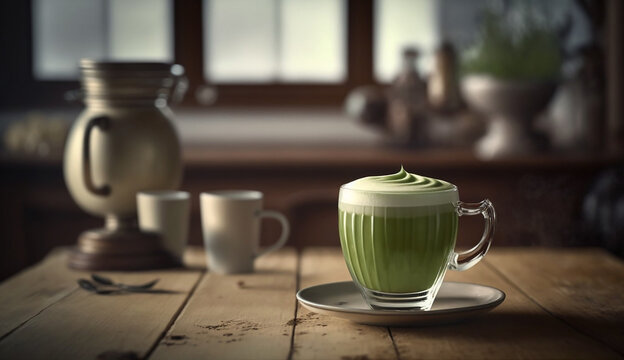Generative AI image of a cup of matcha latte in a glass cup over a traditional wooden table in a classic asian kitchen