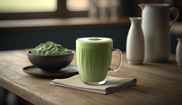 Generative AI image of a cup of matcha latte in a glass cup over a traditional wooden table in a classic asian kitchen