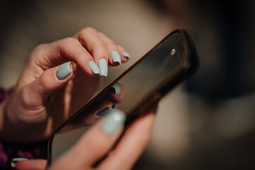 Close up woman hands touch mobile screen use phone gadget girl typing message surfing internet social media. 