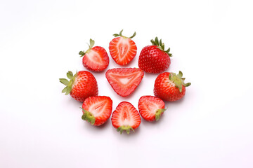 Fresh some whole and sliced strawberries isolated on white background. Created with Generative AI Technology