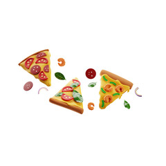 Three slices of different types of pizza with ingredients floating around them. 3D rendering