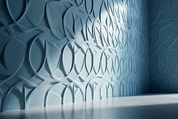 3D rendered wall with embossed pattern and shadow cast by sunlight in blue-gray colors perfect for presentation. Generative AI