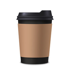 Realistic empty coffee cup template. Brown mug for latte or tea drink. Cafe or restaurant mug for hot beverage. Mockup or close up of isolated container for takeaway or giveaway. Meal with espresso