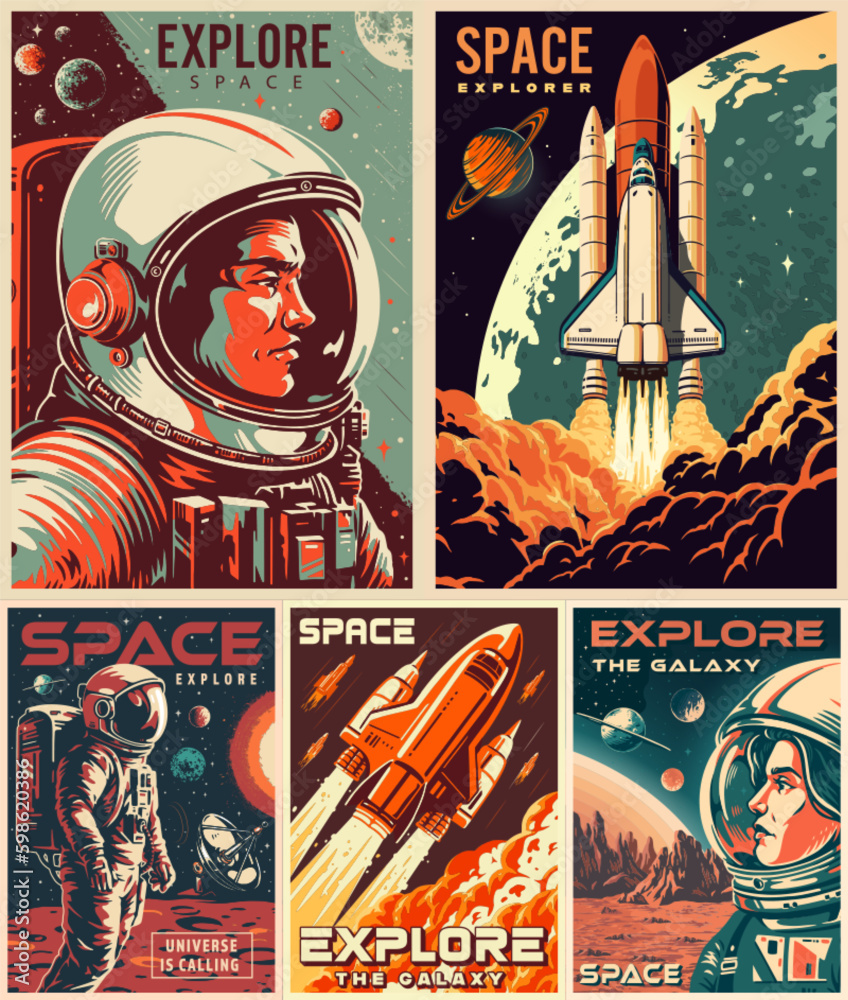 Poster Space astronauts colorful set flyers Generative AI