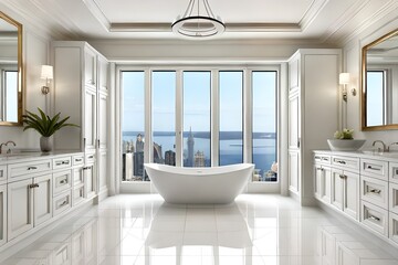 Luxury classic bathroom and bathtub with big windows, minimalistic white interior design