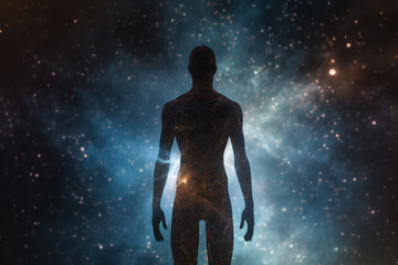 Fototapeta na wymiar State of mind, meditation, esoteric and spiritual life. Man dark silhouette in space background. Afterlife and connection with other worlds. Generative AI