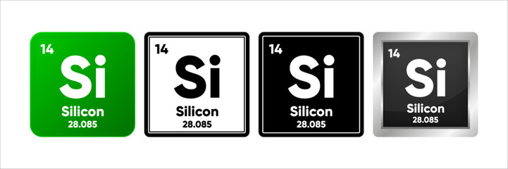 Silicon chemical element with 14 atomic number, atomic mass and electronegativity values. Periodic table concept. Logo in four design. Simple black, realistic and color logo. Vector Generative AI