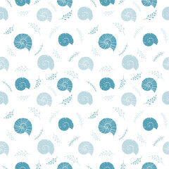 Seamless background with ammonite seashells and seaweed plants