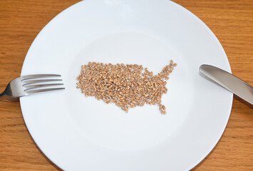Wheat on a plate laid out in the shape of a map of the United States. Food concept