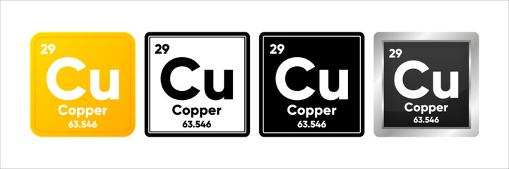 Copper chemical element with 29 atomic number, atomic mass and electronegativity values. Periodic table concept. Logo in four design. Simple black, realistic and color logo. Vector Generative AI