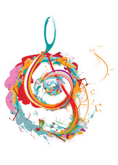 Abstract musical design with a treble clef and colorful splashes, notes and waves.  Colorful treble clef. Hand drawn vector illustration. - 598621727