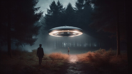 Man look at glowing UFO flying saucer hovering in mystical forest landscape at night. Alien spaceship arrive. World UFO Day Ai generated illustration