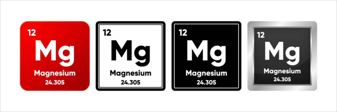 Magnesium chemical element with 12 atomic number, atomic mass and electronegativity values. Periodic table concept. Logo in four design. Simple black, realistic and color logo. Vector Generative AI