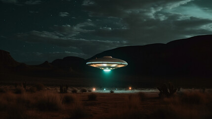 Glowing UFO flying saucer hovering in mystical desert landscape at night. Alien spaceship arrive. World UFO Day Ai generated illustration