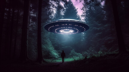 Man look at glowing UFO flying saucer hovering in mystical forest landscape at night. Alien spaceship arrive. World UFO Day Ai generated illustration