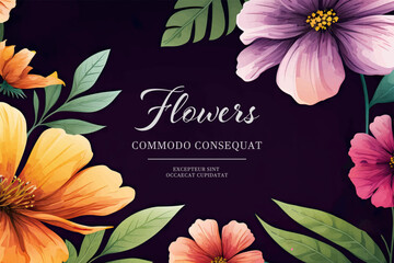 Summer watercolor banner with beautiful framed cosmos flowers © Rimsky