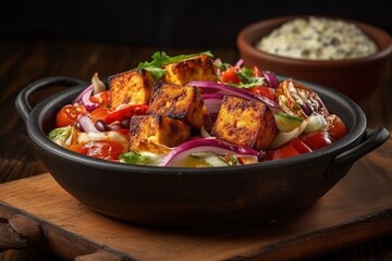 Paneer sizzler is an indian version with cottage cheese salad served sizzling on hot stone dish