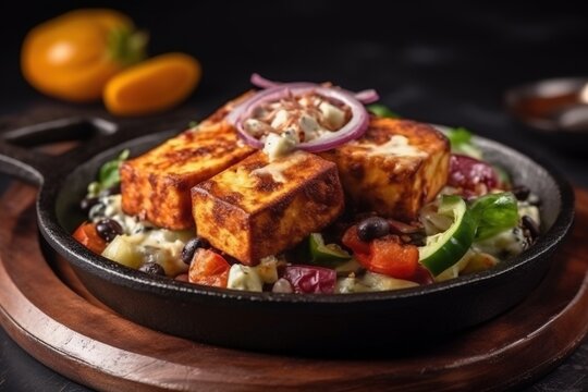 Paneer sizzler is an indian version with cottage cheese salad served sizzling on hot stone dish