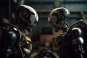 Plakat Conversation between two mechanical beings. Generative AI