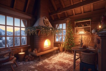 Plakat Illustration of a cozy winter cabin with fireplace. Generative AI
