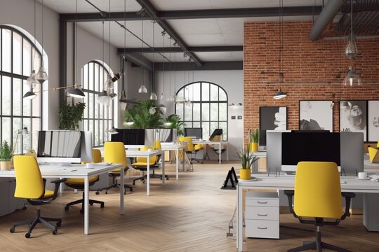 office and remote coworking space collaboration, white yellow and grey colors