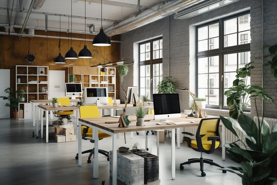 office and coworking space collaboration, white yellow and grey colors