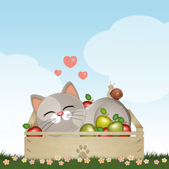 illustration of the cat sleeps in the fruit box