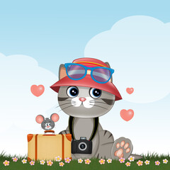 funny illustration of cat with suitcase