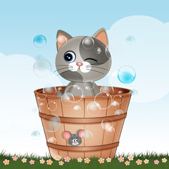 illustration of the cat in the tub takes a bath