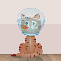 funny illustration of the cat with head in the aquarium