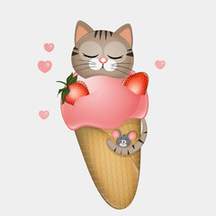 illustration of cat in strawberry ice cream cone