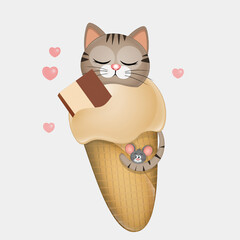 illustration of cat in chocolate ice cream cone