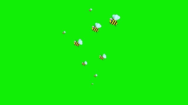Animated bees fly from bottom to top. A fountain from flying insects. Concept of honey. Vector illustration isolated on the green background.