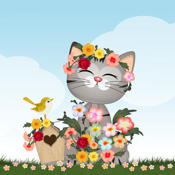 illustration of cat in spring