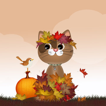illustration of cat in autumn