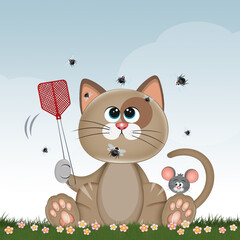 funny illustration of cat plays with flies