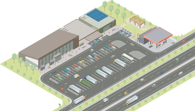 アイソメトリック図法で描いた日本の高速道路とサービスエリアのイメージ / Isometric illustration : Japanese Expressway rest stop