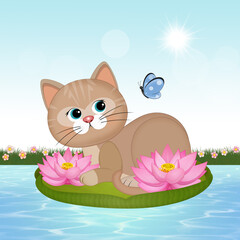 funny illustration of cat on water lily